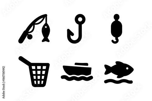 Fishing icons set: rod, hook, lure, net, boat, fish in black silhouette style