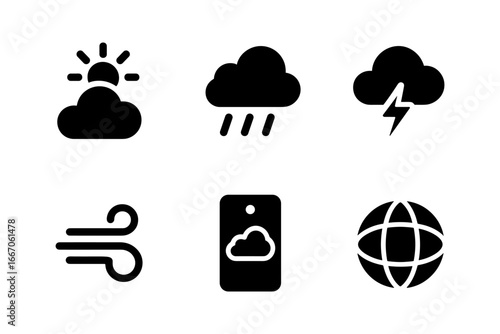 Minimalist weather icon set: sun, rain, thunder, wind, cloud, global connectivity