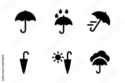 Weather icons set: umbrella silhouettes with sun, rain, wind, cloud symbols