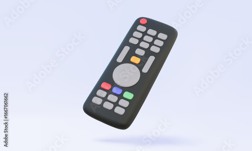 3D vector realistic black remote control icon on pastel background. button menu technology manual keyboard wireless controller television media entertainment. cartoon style illustration element design