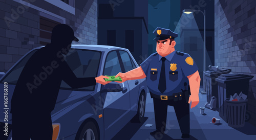 Police officer receives money from a shadowy figure next to a car in a dark alley at night