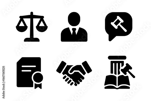 Legal and business silhouette icons: justice, agreement, and communication in black and white