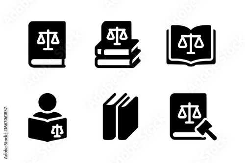 Justice symbols in black and white: legal and law book icons