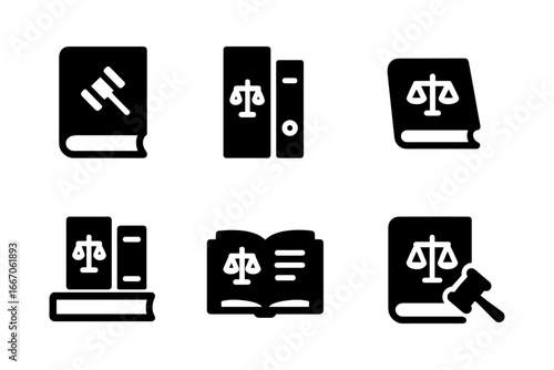 Legal icons set: law book and justice symbol silhouettes for digital use