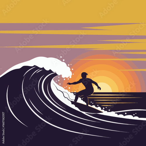 Silhouetted surfer rides a large curling wave at sunset with a multilayered sun and horizontal clouds