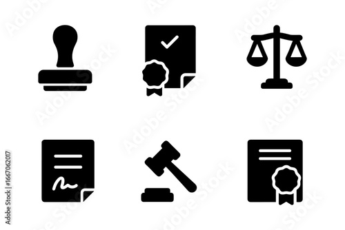 Silhouette icons for legal documents, stamps, and justice symbols