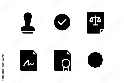 Legal and certification icons: silhouette set for documents and approval