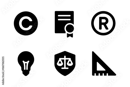 Icon set of intellectual property and legal symbols in minimalist style
