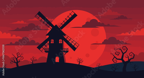 Silhouetted windmill on a dark hill with spooky trees a large red moon and crimson sky with layered clouds
