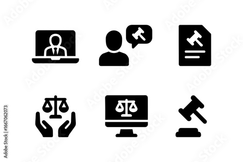 Legal icon set featuring courtroom symbols and justice themes in black silhouette style