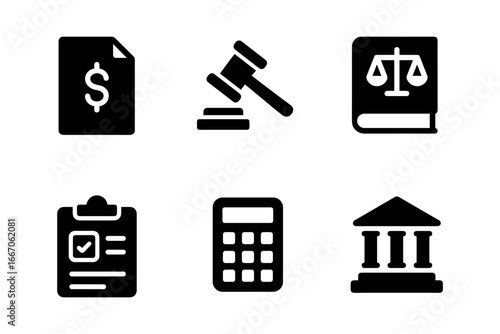 Set of financial and legal icons in bold silhouette style