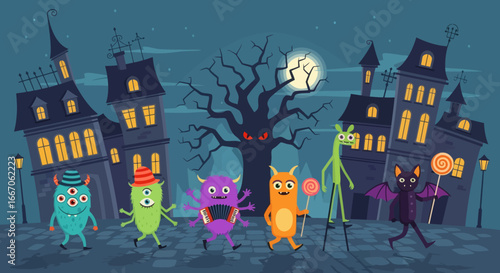 Six cartoon monsters walk on a spooky street at night past haunted houses and a glowingeyed tree under a full moon