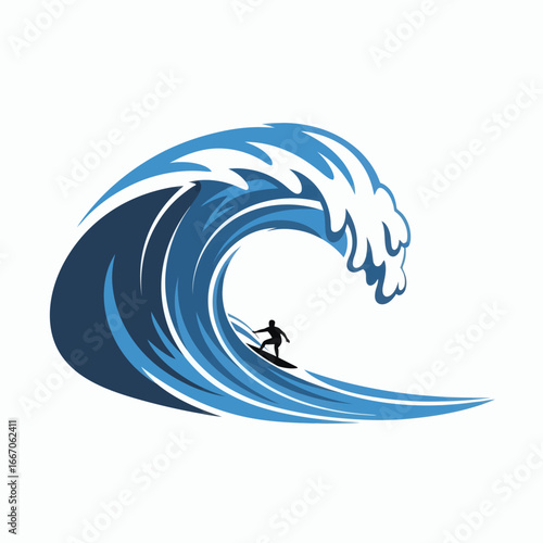 Stylized illustration of a surfer riding a large blue and dark blue wave with white foamy crest