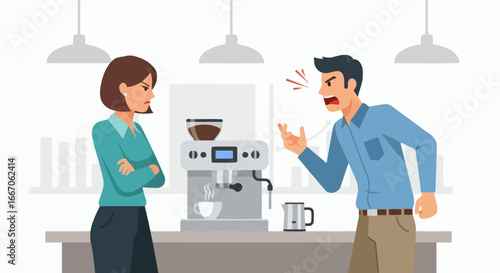 Stylized illustration of a man shouting at a woman with crossed arms by a coffee machine and cup