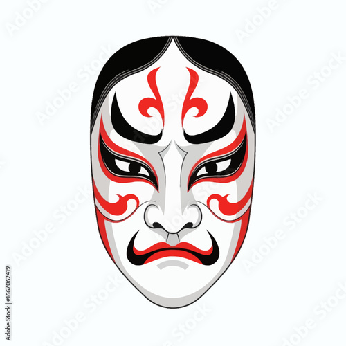 Stylized Japanese Kabuki mask featuring striking red and black facial markings against a plain white background