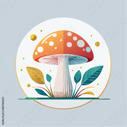 Illustration plate stylisée de champignon rouge et blanc