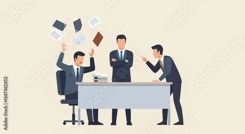Three businessmen in suits around a desk one stressed with papers flying one pointing one observing