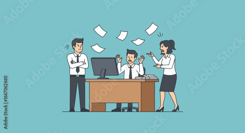 Three office workers in a tense argument one at a desk papers flying in a blue room