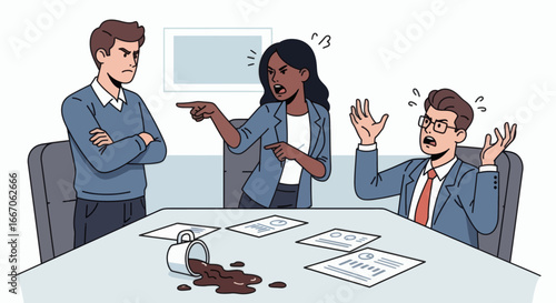 Three diverse office workers in a heated argument at a meeting table with spilled coffee and documents