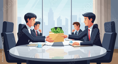 Two businessmen exchanging a moneyfilled folder at a conference table with other colleagues and a city skyline view