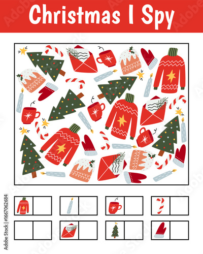 Christmas I spy game for kids. Searching and counting activity for preschool children with traditional New Year objects. Winter printable worksheet for kids.