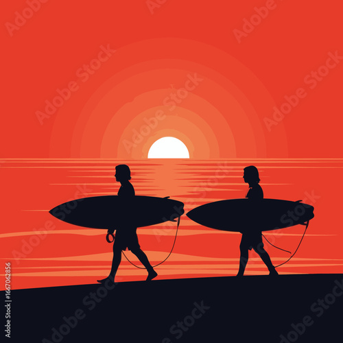 Two silhouetted people with surfboards walk on a beach at sunset against an orange sky and reflective water