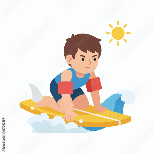 Young boy in arm floaties paddling a yellow surfboard on waves under a bright sun