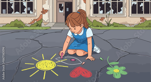 Young girl kneeling on cracked pavement drawing colorful chalk images in front of a damaged building with broken windows