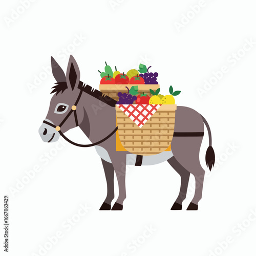 A gray donkey standing harnessed carrying two woven baskets overflowing with fruits like grapes tomatoes and lemons