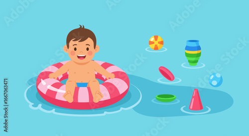 A happy baby in a striped swimming ring enjoying a calm blue pool with various floating colorful toys
