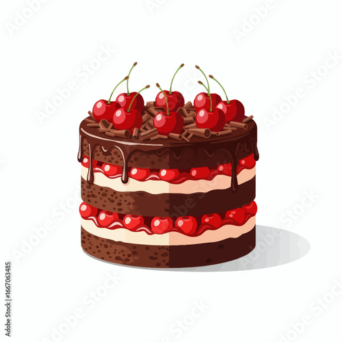 A multilayered chocolate cake with dripping ganache fresh cherries chocolate shavings and cherry filling