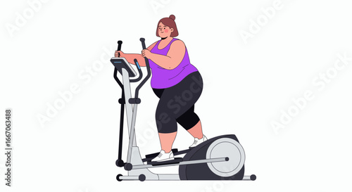 A plussize woman in a purple tank top and dark leggings exercises on an elliptical machine against a white background
