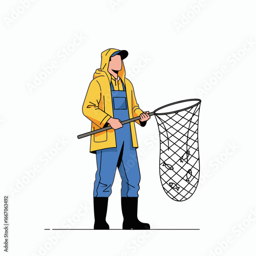 A person in a yellow raincoat and blue overalls holds a fishing net containing several fish