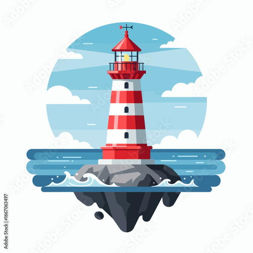 A red and white striped lighthouse stands on a rocky island amidst blue water and sky within a circular frame