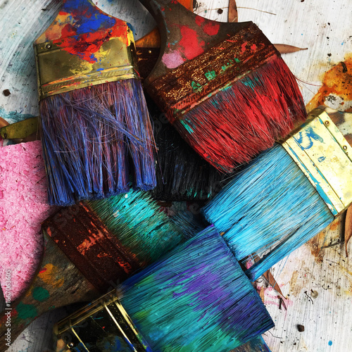 Vibrant paintbrushes splattered with colorful hues ready for creative projects and artistic expression.