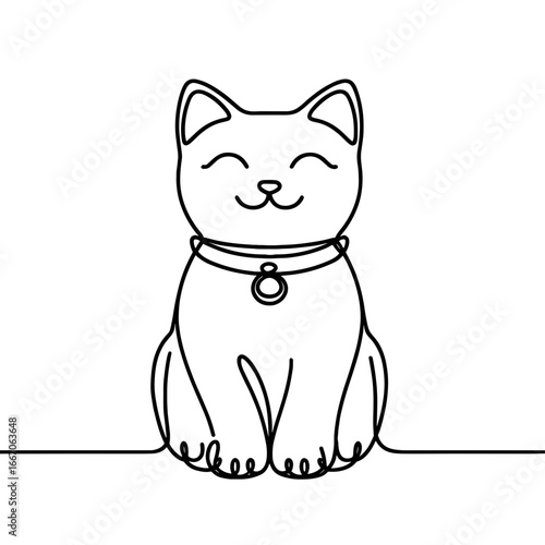 Lucky cat figurine in simple line art design on transparent background  