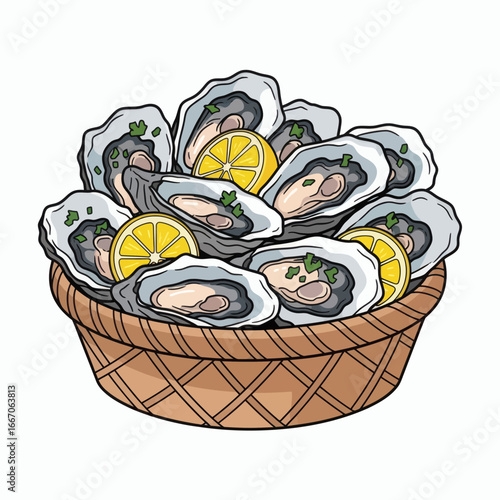 A woven basket brimming with shucked oysters garnished with fresh lemon slices and green herbs on a white background