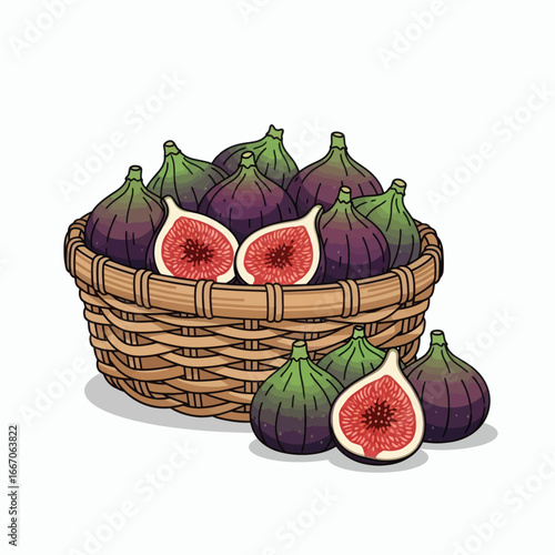 A woven basket brimming with ripe figs some whole others halved showing their vibrant red pulp A few figs lie next to the basket