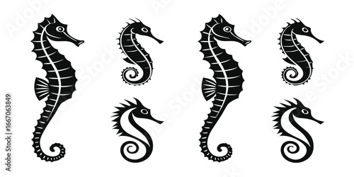 Black Silhouette Seahorse Collection Underwater Marine Life