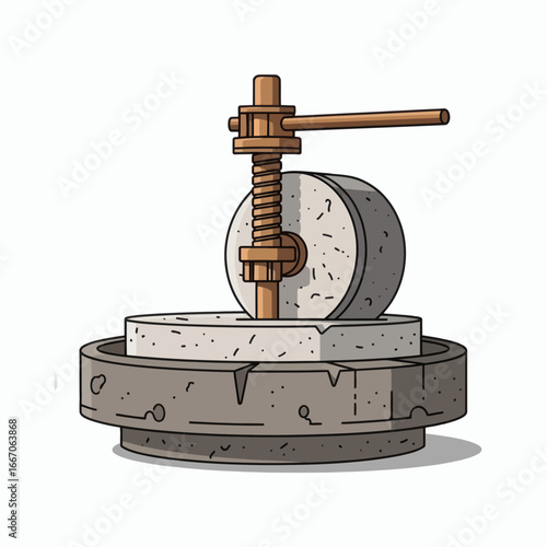 An ancient stone mill with a large base a circular grinding stone and a wooden screw mechanism with a lever