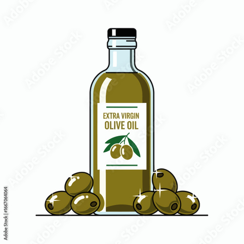 An olive oil bottle with EXTRA VIRGIN OLIVE OIL label surrounded by green olives on a white background
