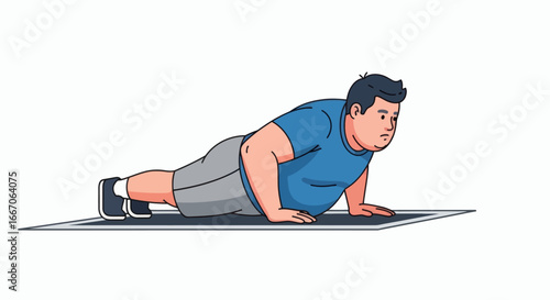 An overweight man in a blue tshirt and grey shorts performs a pushup on a dark mat against a white background