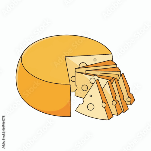An illustration of a yelloworange cheese wheel with a wedge removed showing multiple triangular slices fanning out
