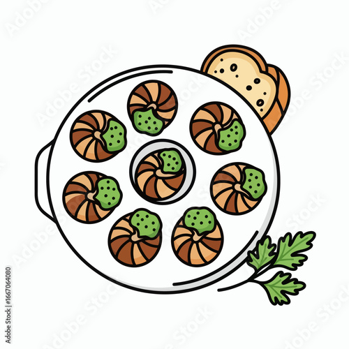An overhead view of an escargot plate with seven snails topped with green sauce served with bread and parsley