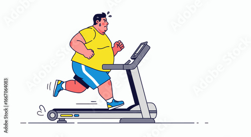 An overweight man in a yellow tshirt and blue shorts runs and sweats on a grey treadmill against a white background
