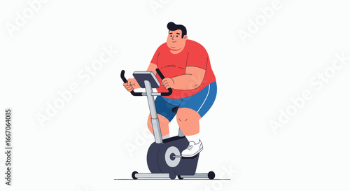 An overweight man in a red tshirt and blue shorts rides a gray stationary exercise bike on a white background