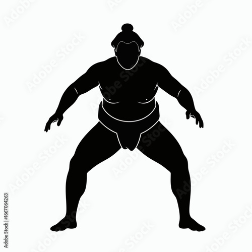 Black silhouette of a sumo wrestler in a wide stance wearing a mawashi and chonmage on a white background