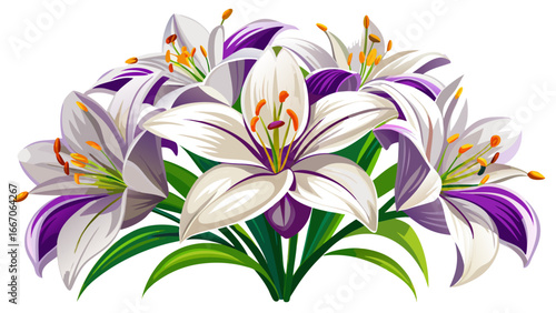 Cluster of lilies with white petals and purple centers radiates graceful beauty, semi-realistic vector expression capturing floral delicacy, timeless abstraction merging color and symmetry in elegant 
