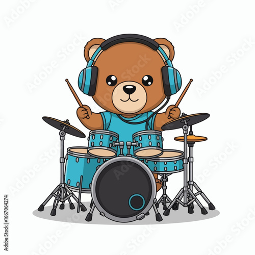 Cartoon bear wearing blue headphones and a shirt enthusiastically playing a blue drum set with cymbals and drumsticks