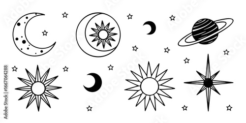 Celestial Icons: Moon, Sun, Stars, and Planet